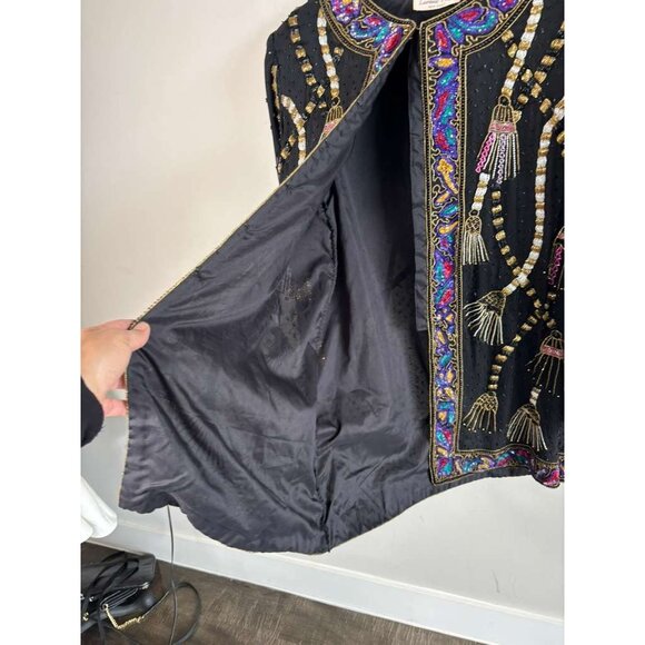 Vintage 80s Lawrence Kazar Womens Black Silk Beaded Sequin Tassel Jacket Size XL - Picture 16 of 16